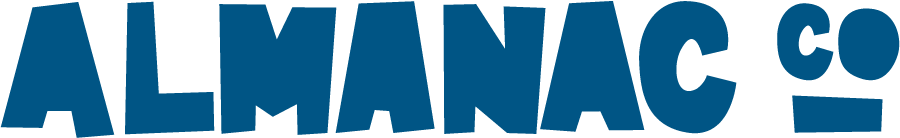Almanac Co Print logo in blue on a transparent background.